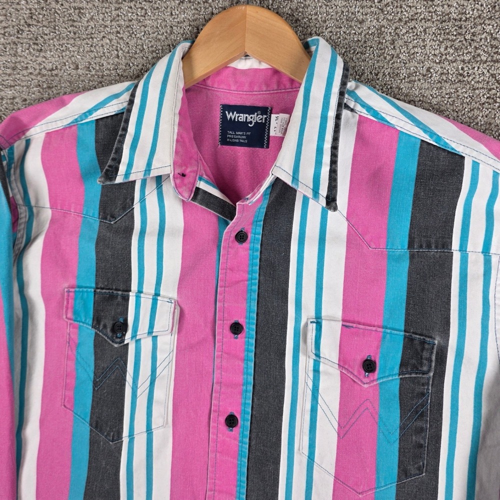 Vintage Wrangler Brushpopper Mens Western Shirt Pink Striped X-Long Tails 17x36 - Picture 2 of 10